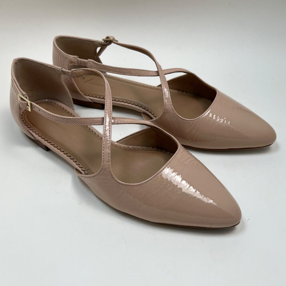 Anthropologie Leather Cross Strap Ballet Flat Shoes Patent Nude Neutral Size 8.5 - Picture 1 of 7